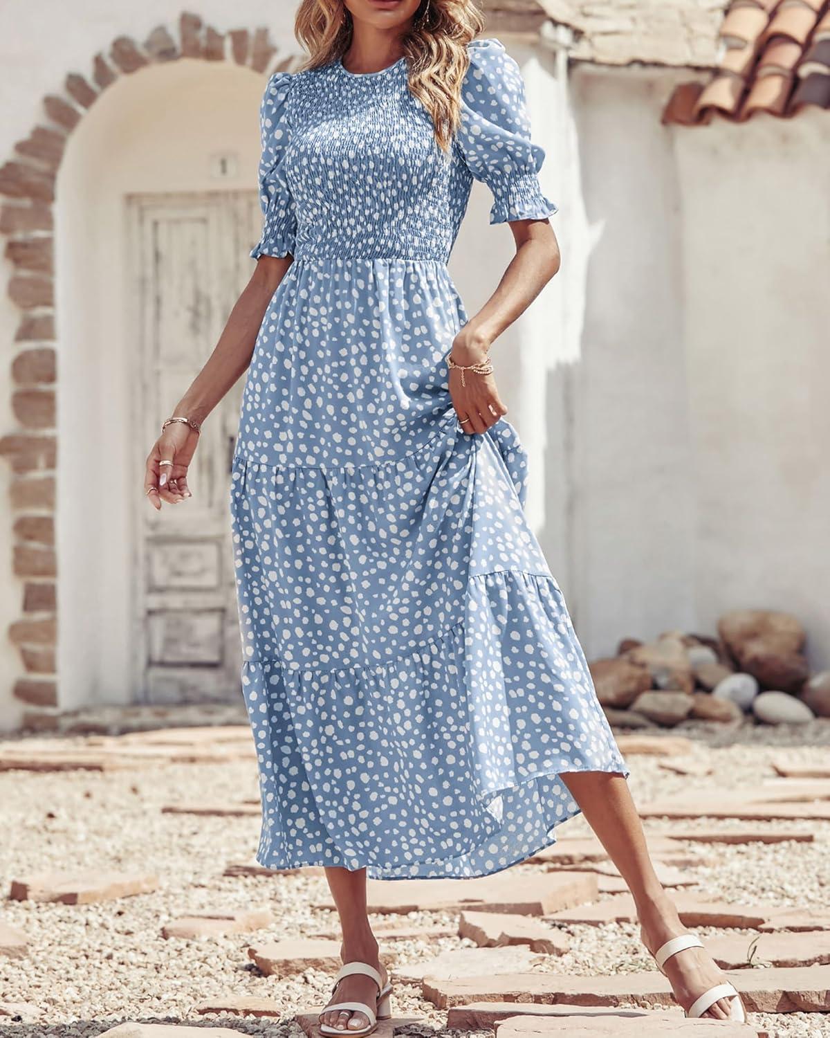 imageBTFBM Women Casual Summer Dresses 2026 Spring Crew Neck Ruffle Short Sleeve Smocked Floral Boho Flowy Maxi Dress ClothesDot Blue White