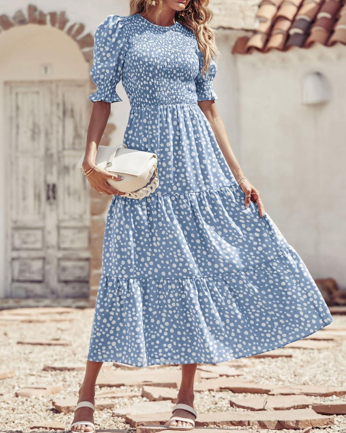 imageBTFBM Women Casual Summer Dresses 2026 Spring Crew Neck Ruffle Short Sleeve Smocked Floral Boho Flowy Maxi Dress ClothesDot Blue White
