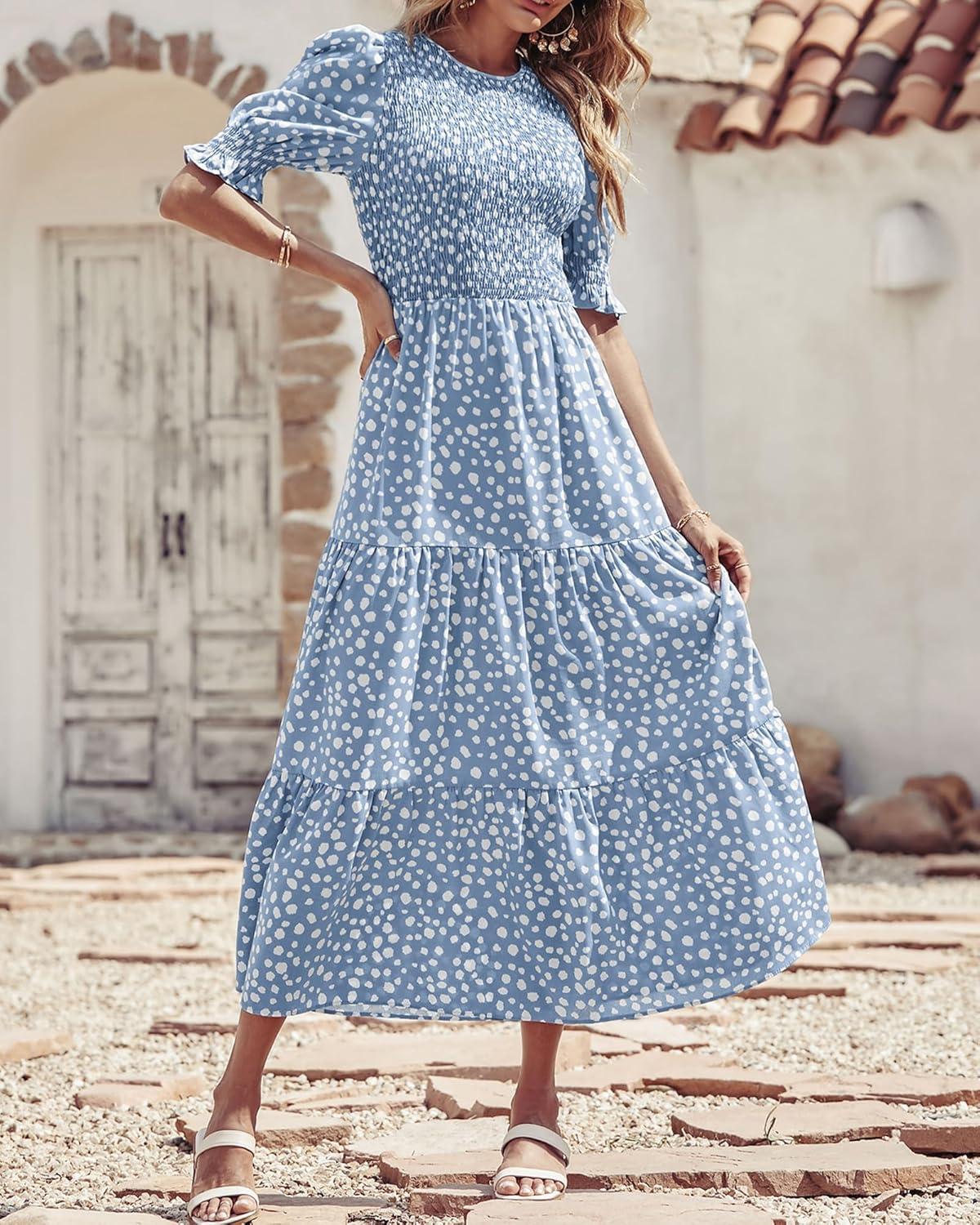 imageBTFBM Women Casual Summer Dresses 2026 Spring Crew Neck Ruffle Short Sleeve Smocked Floral Boho Flowy Maxi Dress ClothesDot Blue White