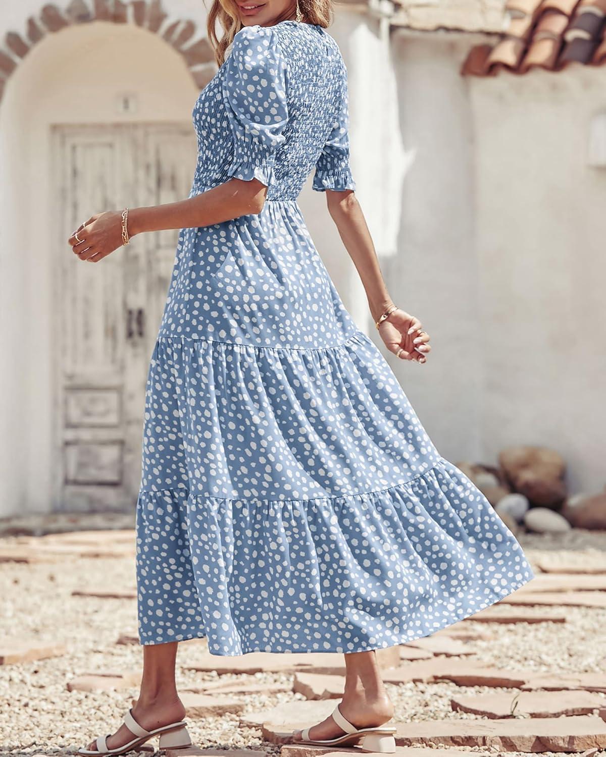 imageBTFBM Women Casual Summer Dresses 2026 Spring Crew Neck Ruffle Short Sleeve Smocked Floral Boho Flowy Maxi Dress ClothesDot Blue White