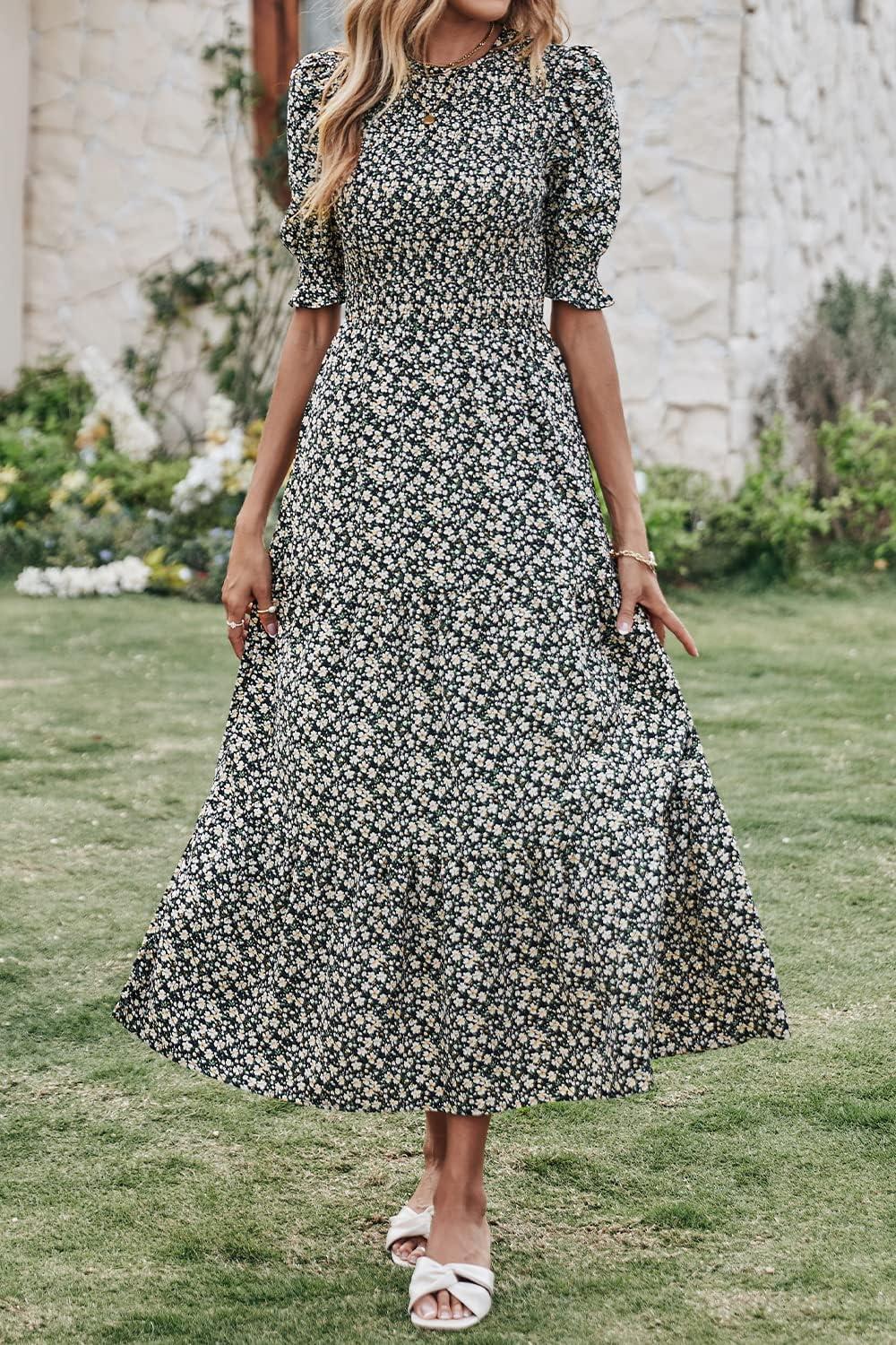 imageBTFBM Women Casual Summer Dresses 2026 Spring Crew Neck Ruffle Short Sleeve Smocked Floral Boho Flowy Maxi Dress ClothesFloral Black Apricot