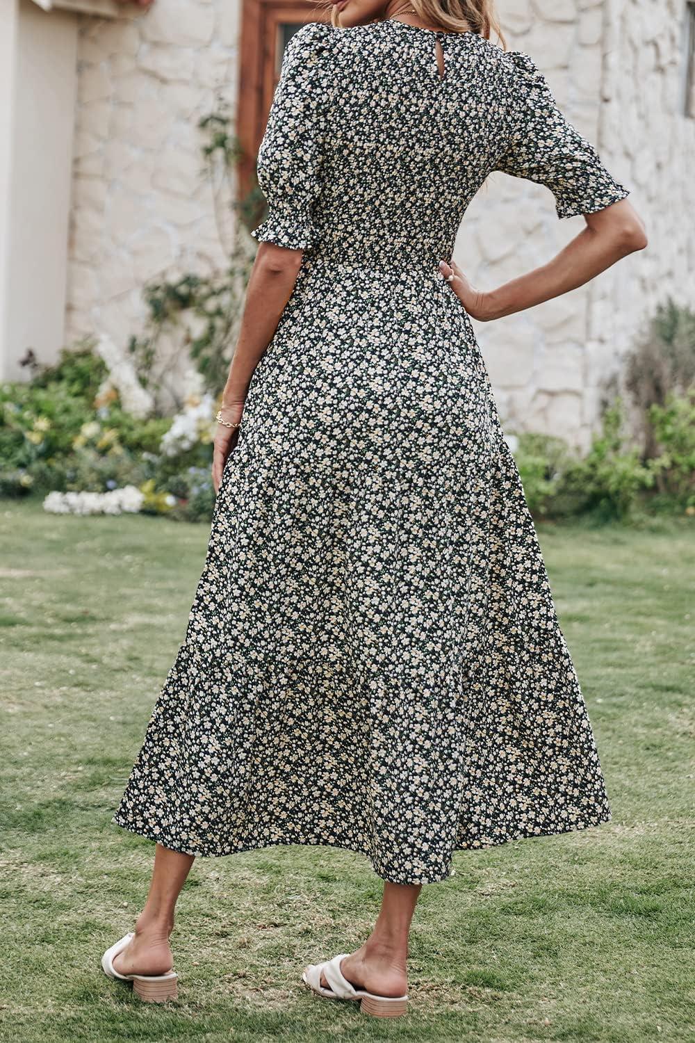 imageBTFBM Women Casual Summer Dresses 2026 Spring Crew Neck Ruffle Short Sleeve Smocked Floral Boho Flowy Maxi Dress ClothesFloral Black Apricot