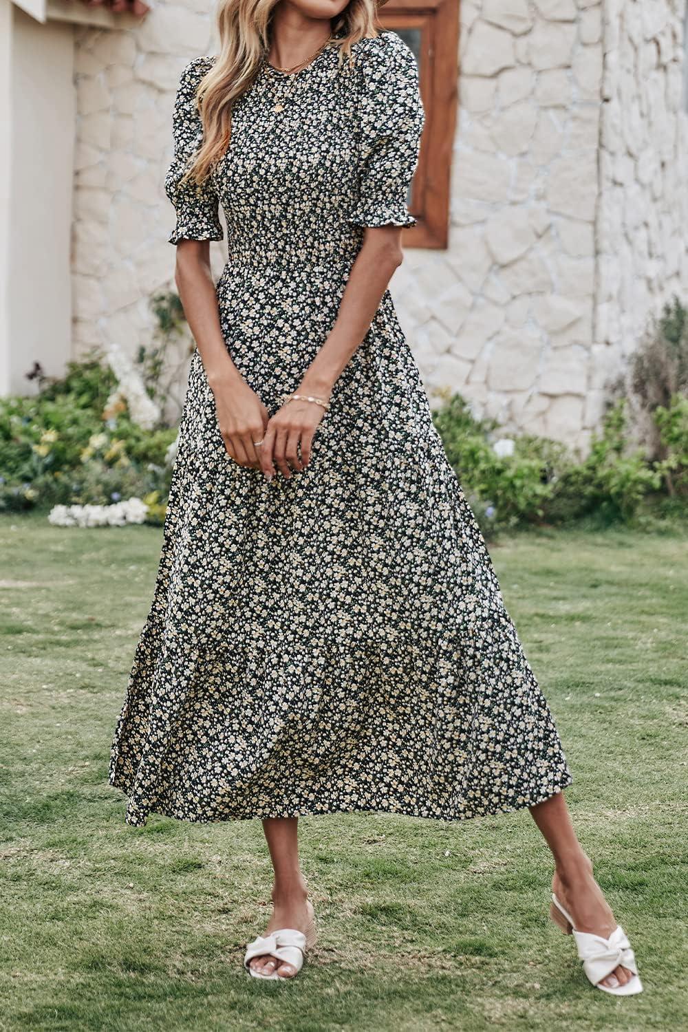 imageBTFBM Women Casual Summer Dresses 2026 Spring Crew Neck Ruffle Short Sleeve Smocked Floral Boho Flowy Maxi Dress ClothesFloral Black Apricot