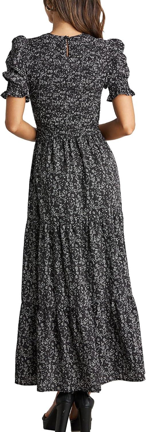imageBTFBM Women Casual Summer Dresses 2026 Spring Crew Neck Ruffle Short Sleeve Smocked Floral Boho Flowy Maxi Dress ClothesFloral Black White