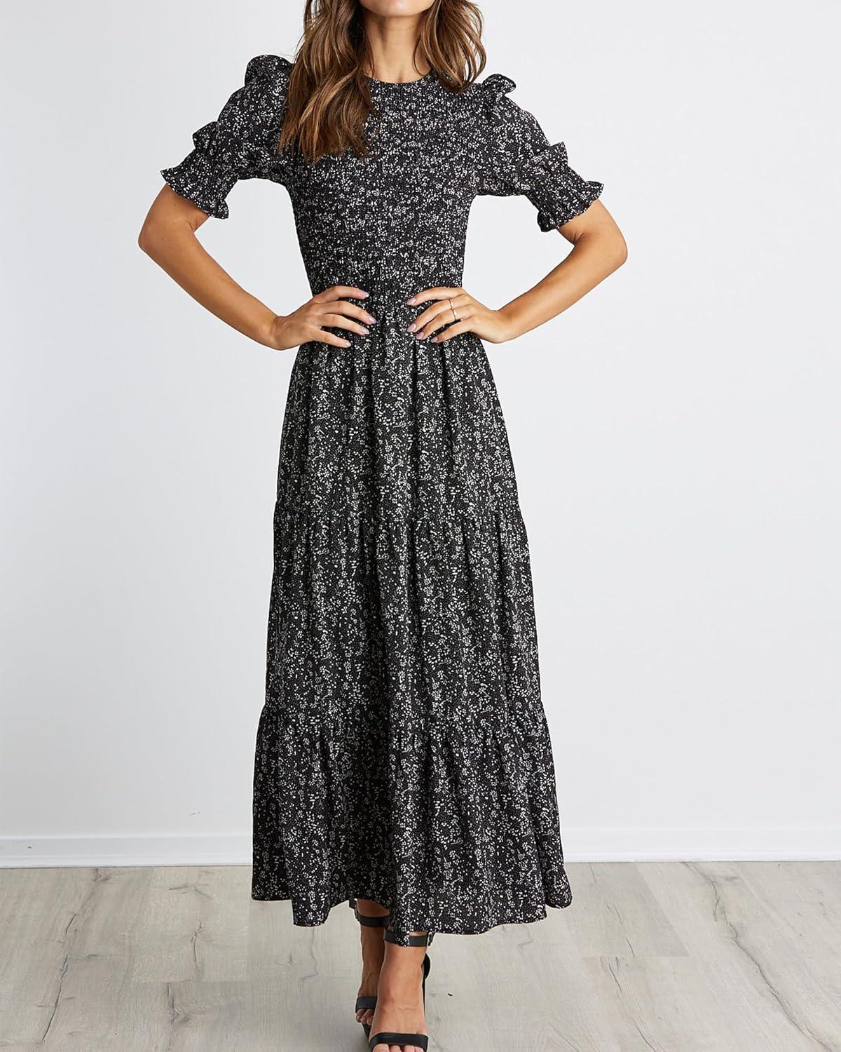 imageBTFBM Women Casual Summer Dresses 2026 Spring Crew Neck Ruffle Short Sleeve Smocked Floral Boho Flowy Maxi Dress ClothesFloral Black White