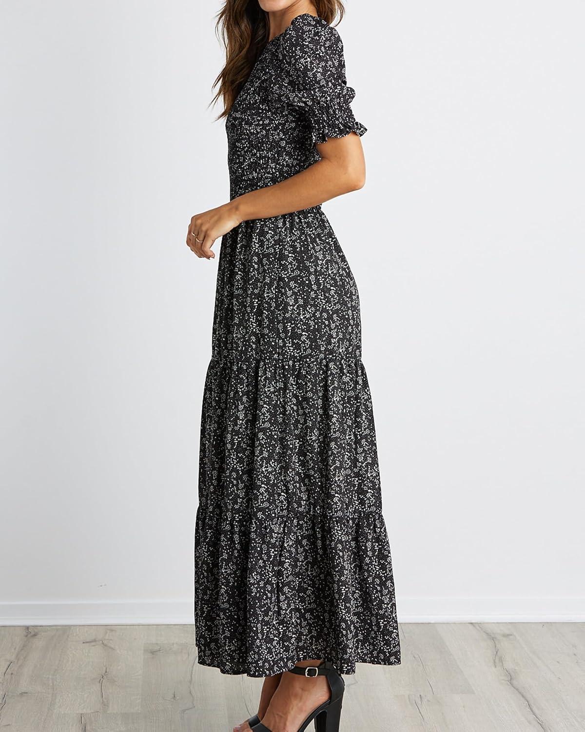 imageBTFBM Women Casual Summer Dresses 2026 Spring Crew Neck Ruffle Short Sleeve Smocked Floral Boho Flowy Maxi Dress ClothesFloral Black White