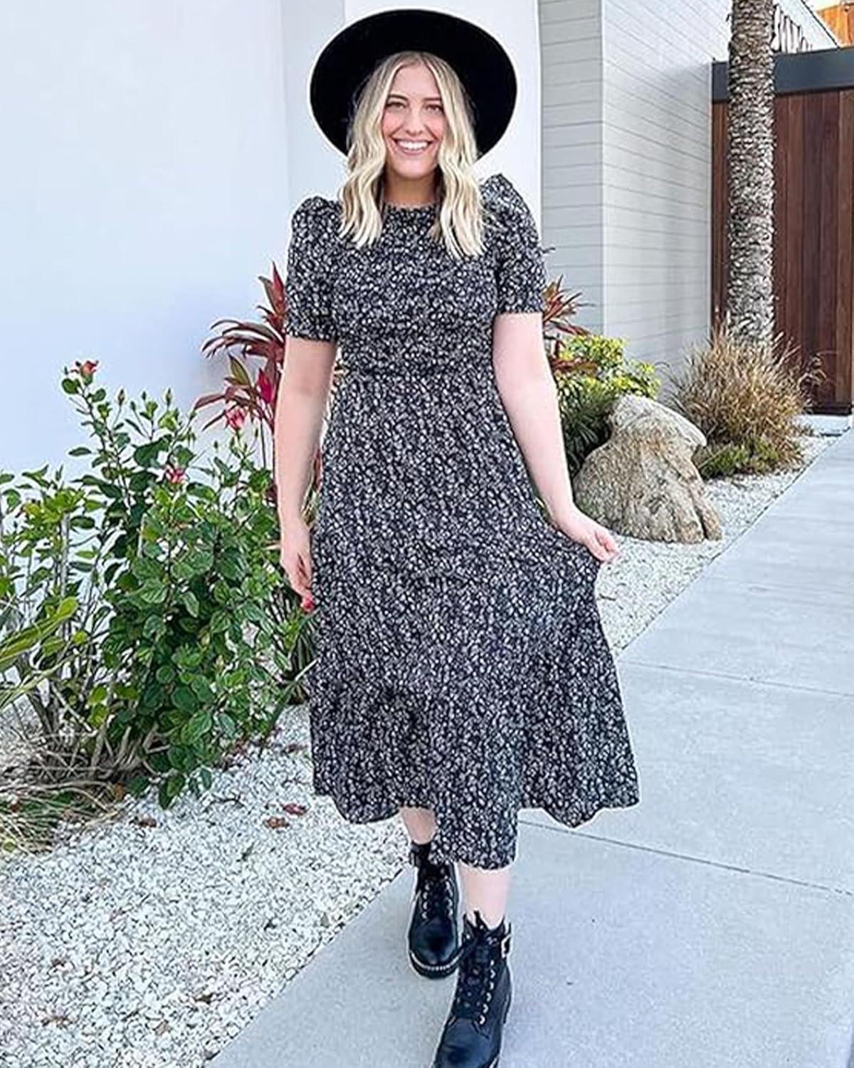 imageBTFBM Women Casual Summer Dresses 2026 Spring Crew Neck Ruffle Short Sleeve Smocked Floral Boho Flowy Maxi Dress ClothesFloral Black White