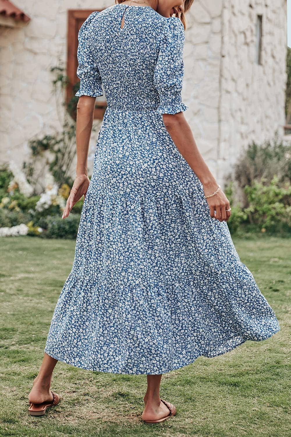 imageBTFBM Women Casual Summer Dresses 2026 Spring Crew Neck Ruffle Short Sleeve Smocked Floral Boho Flowy Maxi Dress ClothesFloral Blue White