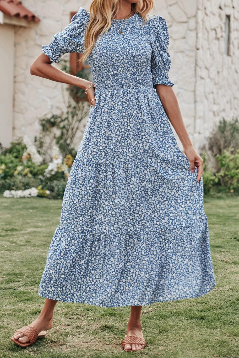 imageBTFBM Women Casual Summer Dresses 2026 Spring Crew Neck Ruffle Short Sleeve Smocked Floral Boho Flowy Maxi Dress ClothesFloral Blue White