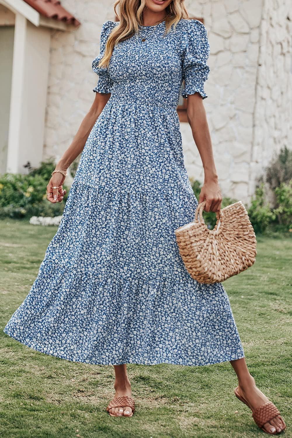 imageBTFBM Women Casual Summer Dresses 2026 Spring Crew Neck Ruffle Short Sleeve Smocked Floral Boho Flowy Maxi Dress ClothesFloral Blue White