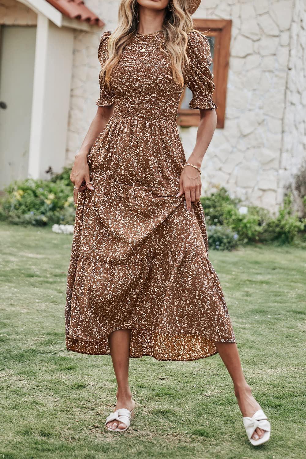 imageBTFBM Women Casual Summer Dresses 2026 Spring Crew Neck Ruffle Short Sleeve Smocked Floral Boho Flowy Maxi Dress ClothesFloral Coffee White