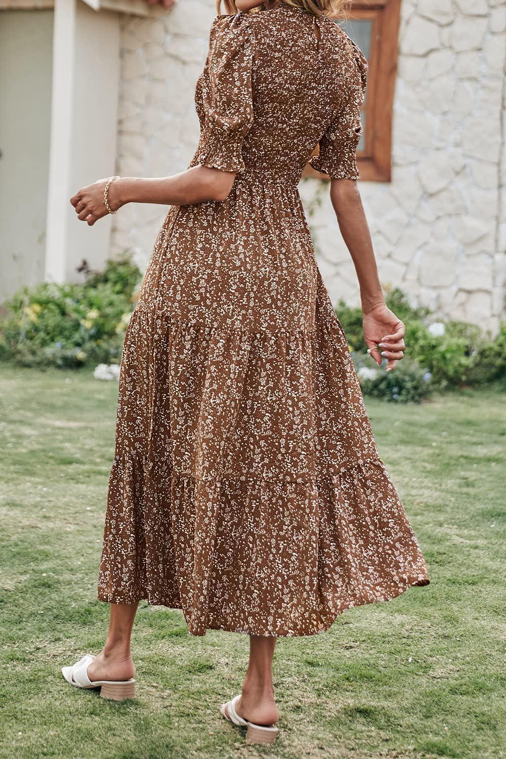 imageBTFBM Women Casual Summer Dresses 2026 Spring Crew Neck Ruffle Short Sleeve Smocked Floral Boho Flowy Maxi Dress ClothesFloral Coffee White