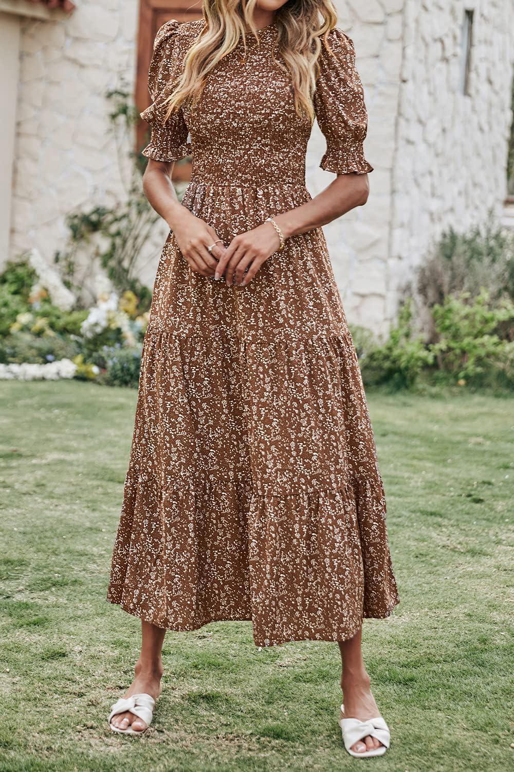 imageBTFBM Women Casual Summer Dresses 2026 Spring Crew Neck Ruffle Short Sleeve Smocked Floral Boho Flowy Maxi Dress ClothesFloral Coffee White