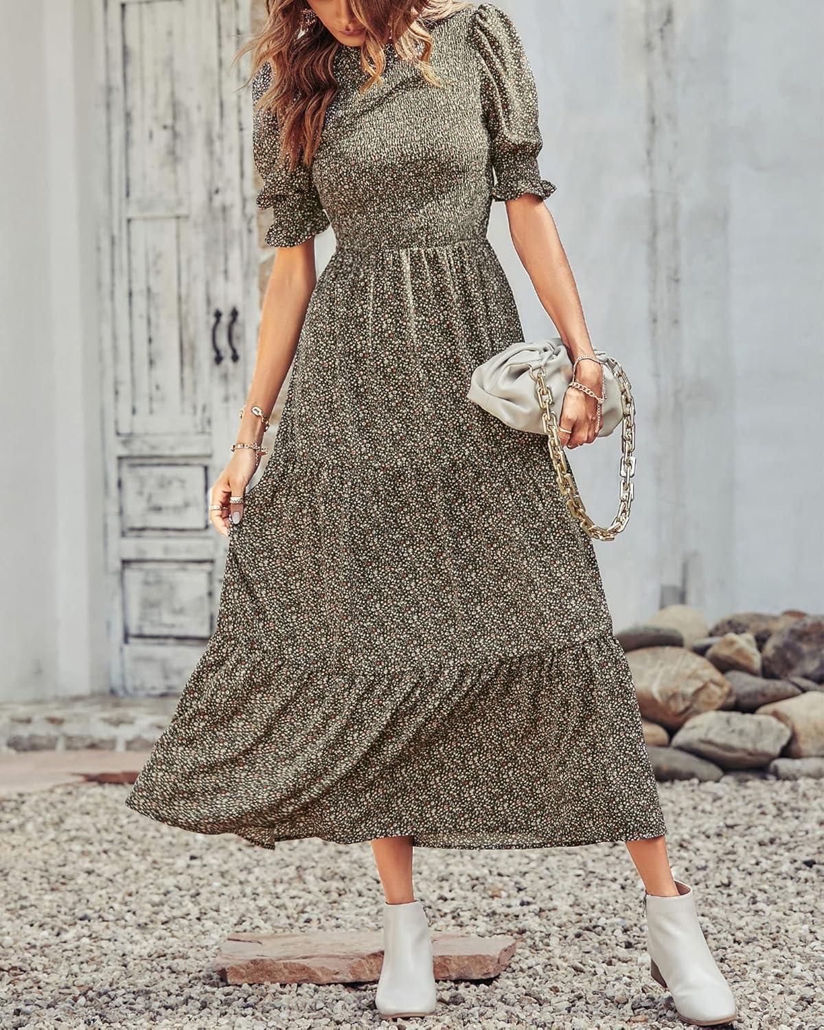 imageBTFBM Women Casual Summer Dresses 2026 Spring Crew Neck Ruffle Short Sleeve Smocked Floral Boho Flowy Maxi Dress ClothesFloral Green