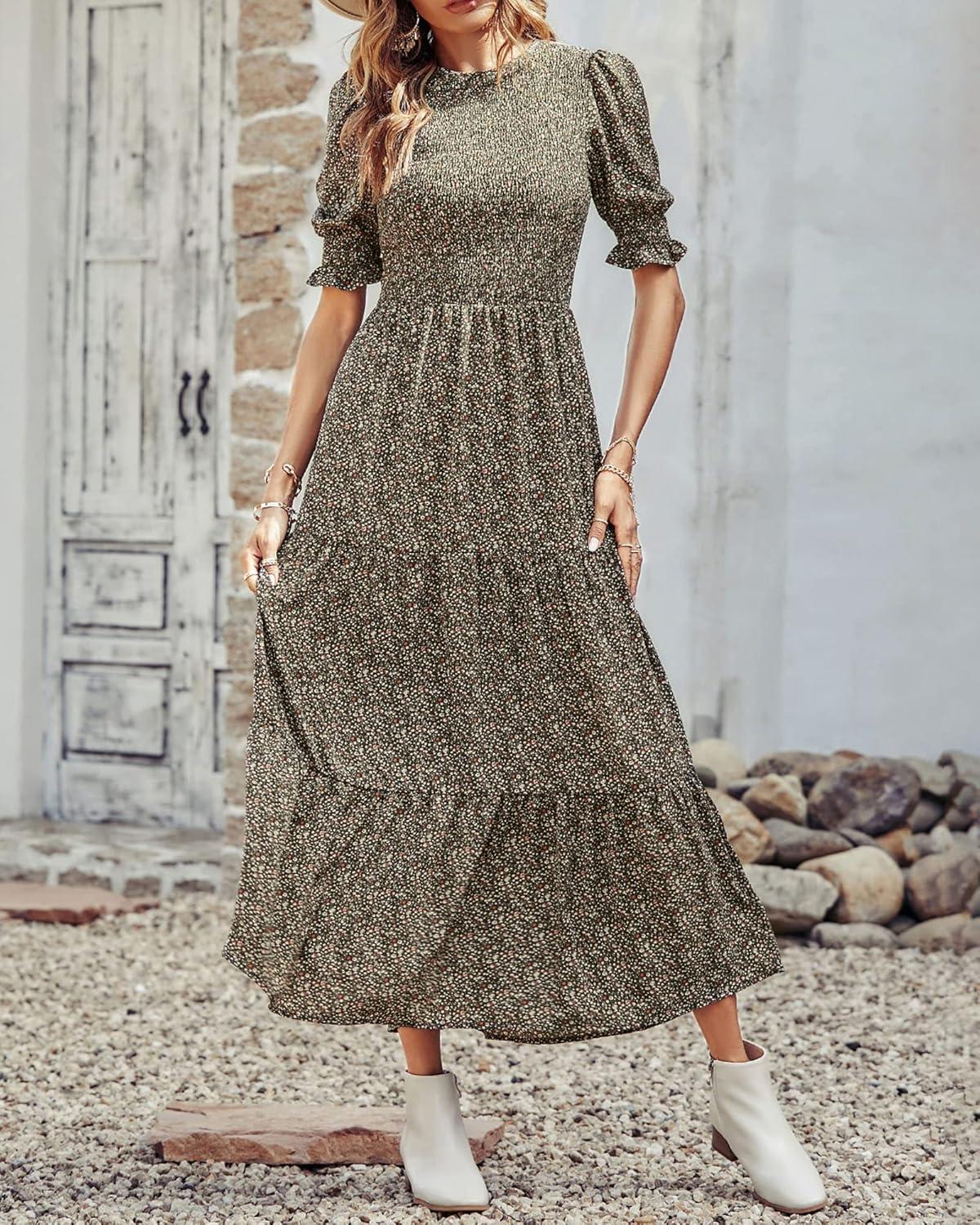 imageBTFBM Women Casual Summer Dresses 2026 Spring Crew Neck Ruffle Short Sleeve Smocked Floral Boho Flowy Maxi Dress ClothesFloral Green