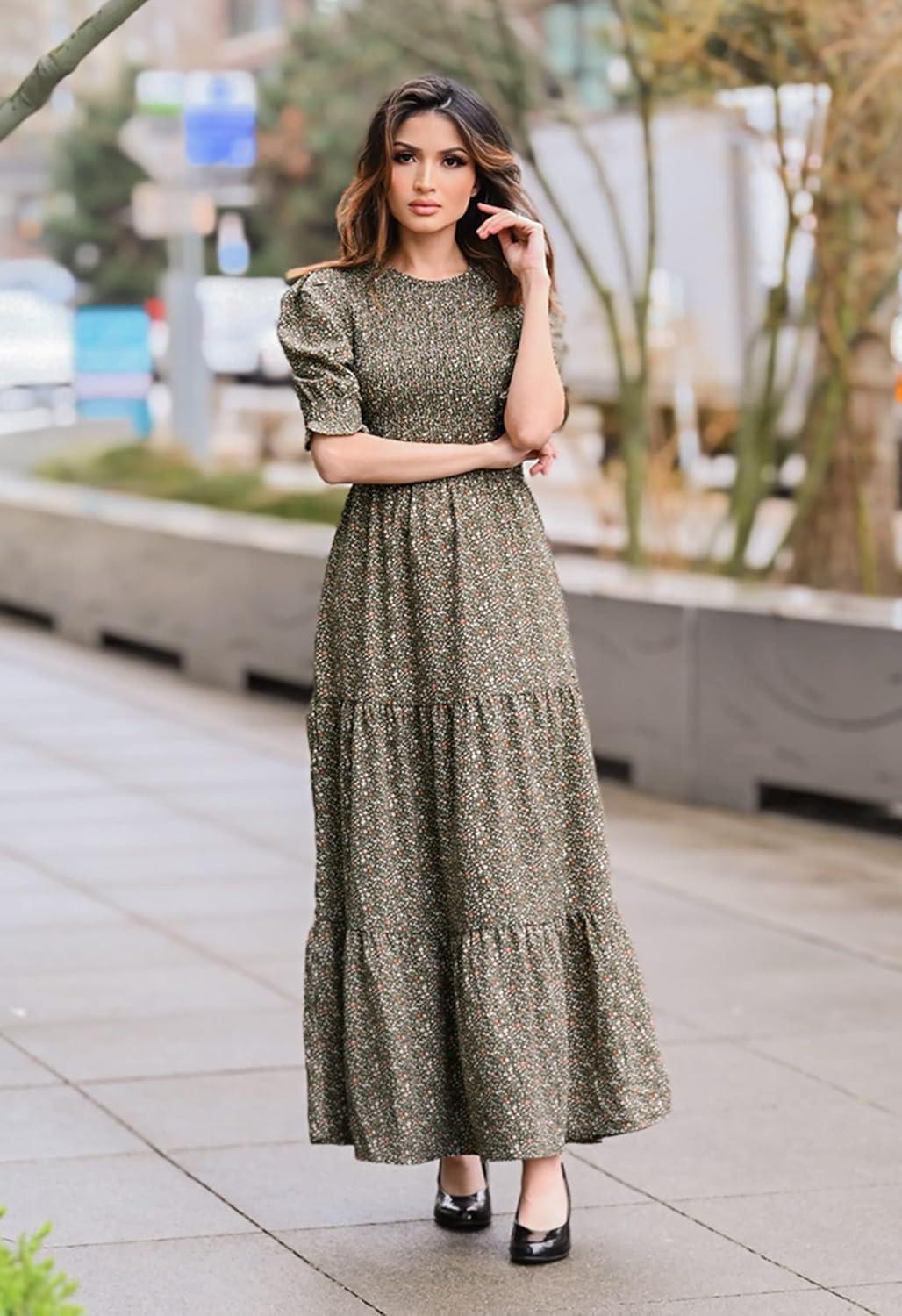 imageBTFBM Women Casual Summer Dresses 2026 Spring Crew Neck Ruffle Short Sleeve Smocked Floral Boho Flowy Maxi Dress ClothesFloral Green