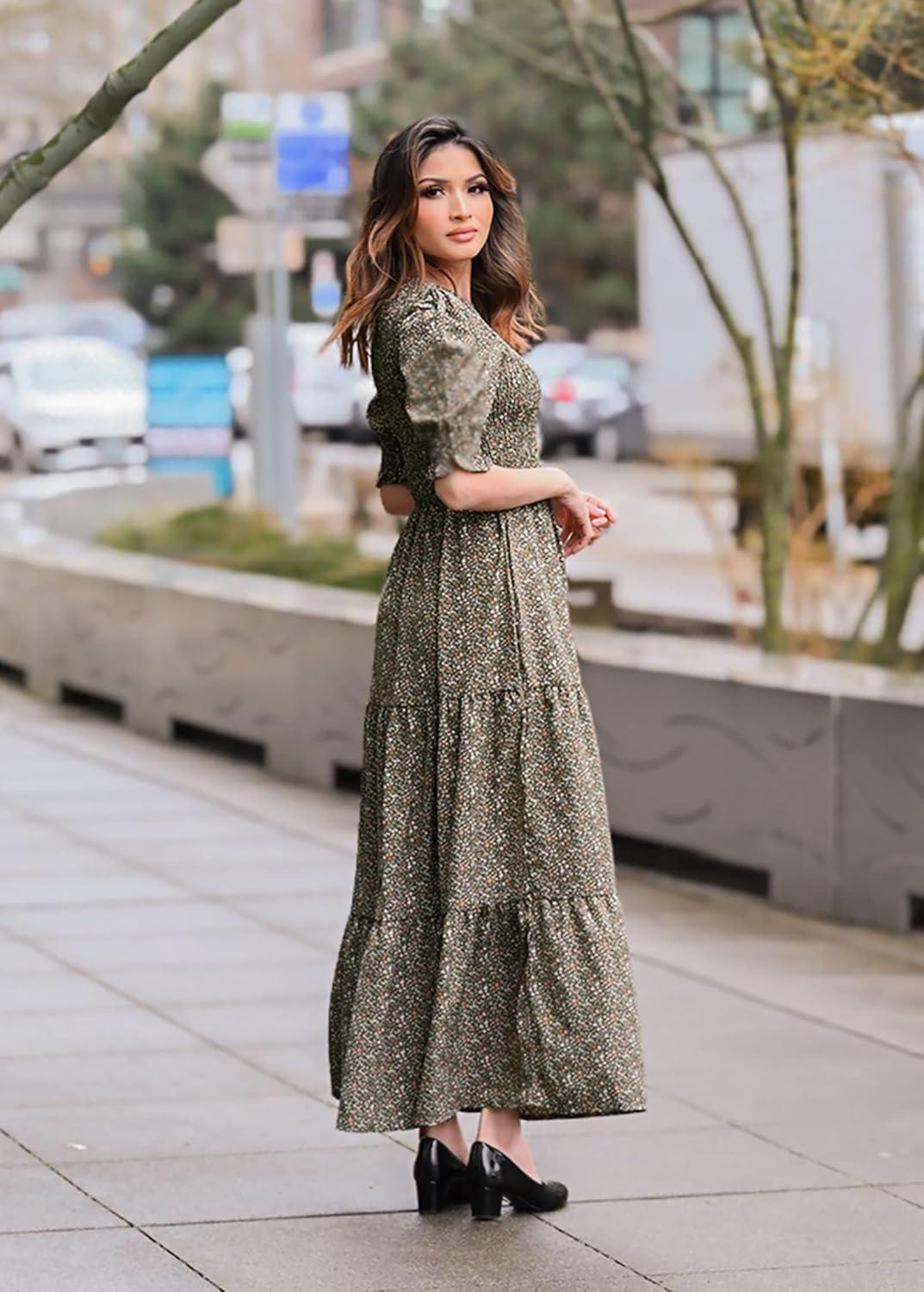 imageBTFBM Women Casual Summer Dresses 2026 Spring Crew Neck Ruffle Short Sleeve Smocked Floral Boho Flowy Maxi Dress ClothesFloral Green