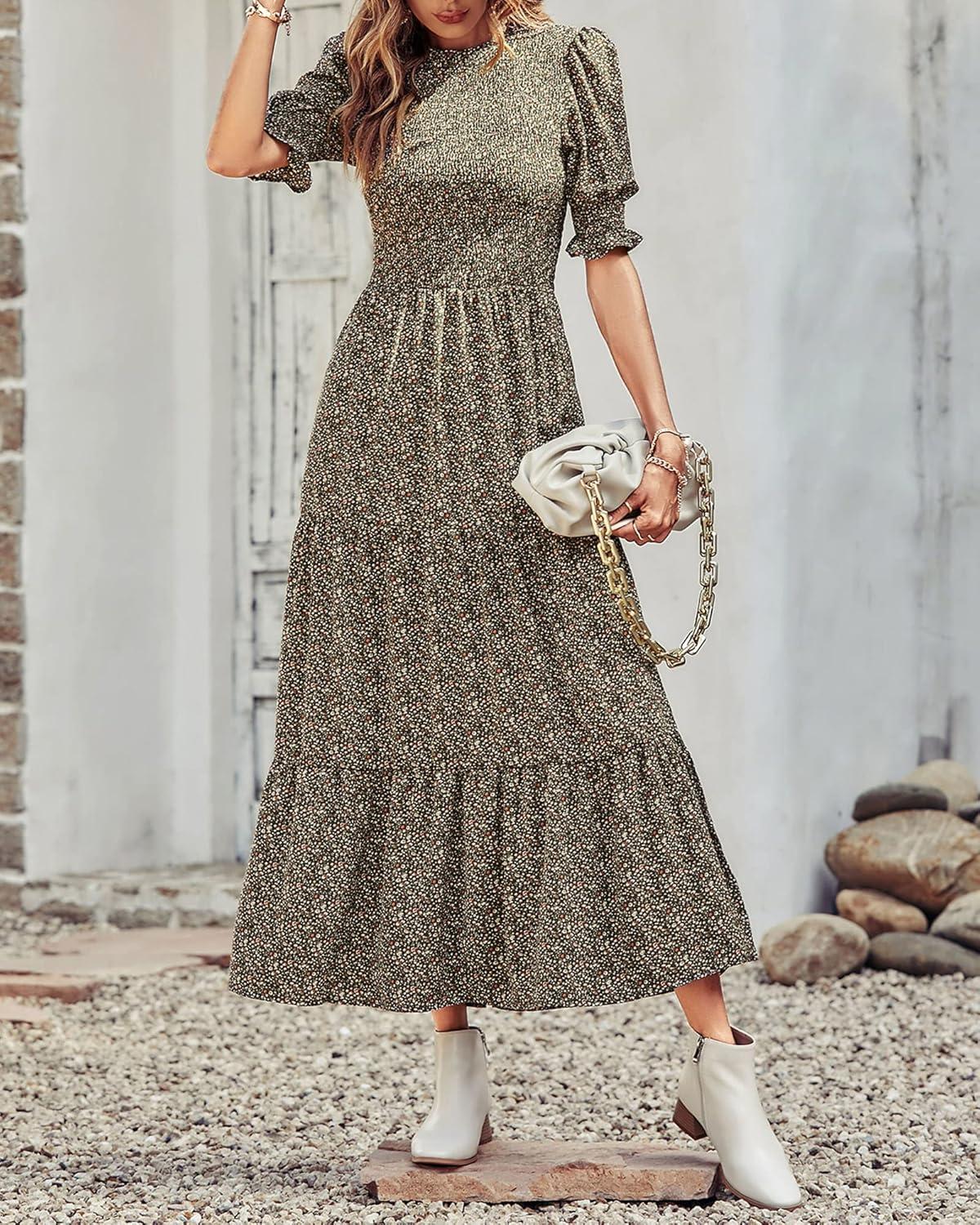 imageBTFBM Women Casual Summer Dresses 2026 Spring Crew Neck Ruffle Short Sleeve Smocked Floral Boho Flowy Maxi Dress ClothesFloral Green