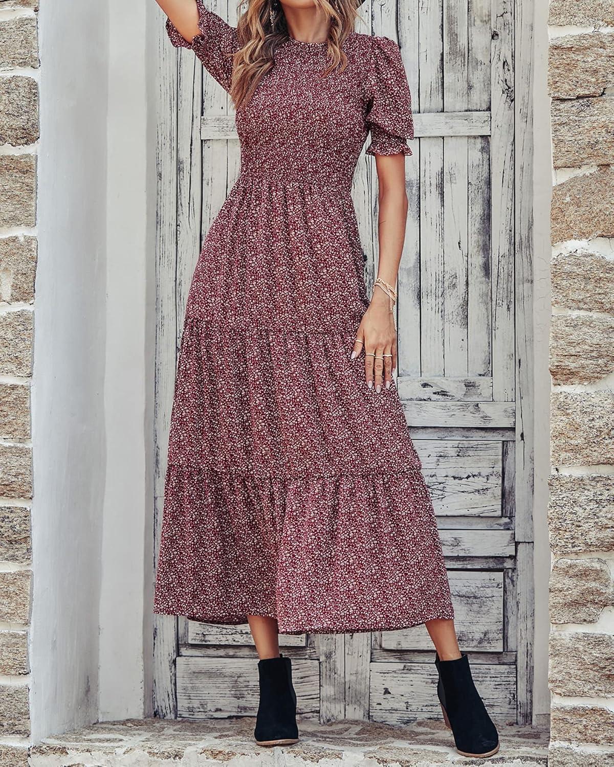 imageBTFBM Women Casual Summer Dresses 2026 Spring Crew Neck Ruffle Short Sleeve Smocked Floral Boho Flowy Maxi Dress ClothesFloral Wine Red White