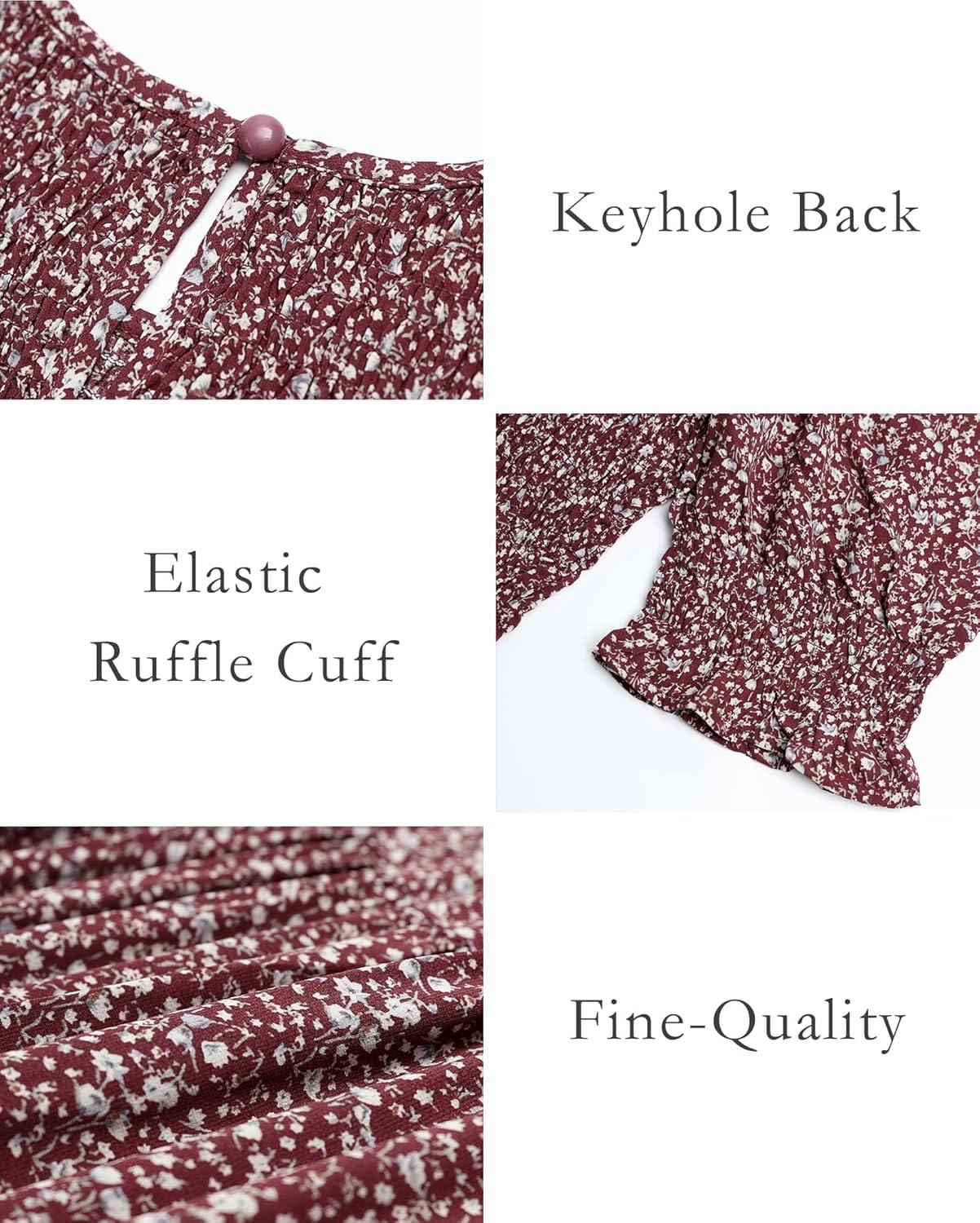 imageBTFBM Women Casual Summer Dresses 2026 Spring Crew Neck Ruffle Short Sleeve Smocked Floral Boho Flowy Maxi Dress ClothesFloral Wine Red White