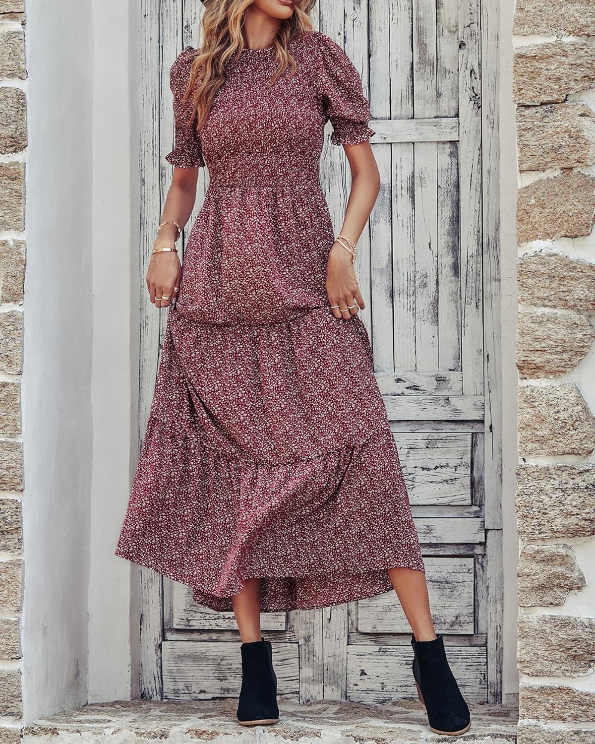 imageBTFBM Women Casual Summer Dresses 2026 Spring Crew Neck Ruffle Short Sleeve Smocked Floral Boho Flowy Maxi Dress ClothesFloral Wine Red White
