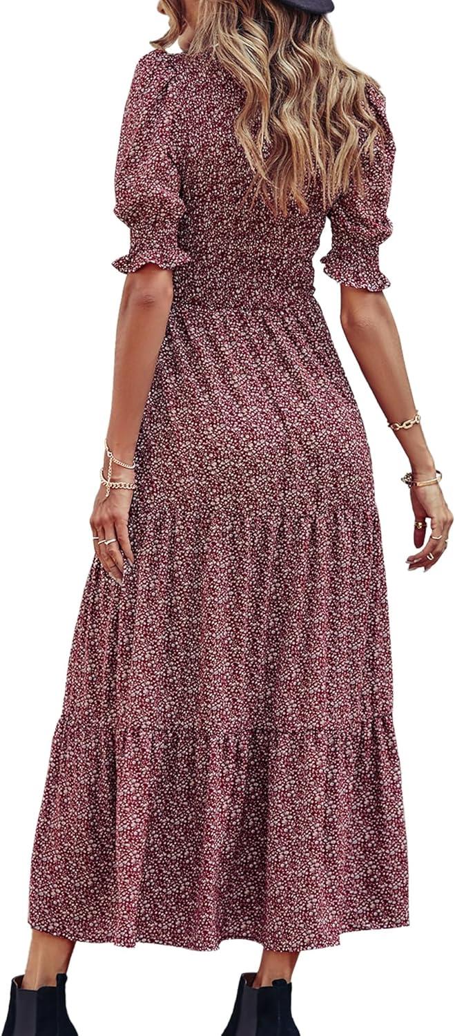 imageBTFBM Women Casual Summer Dresses 2026 Spring Crew Neck Ruffle Short Sleeve Smocked Floral Boho Flowy Maxi Dress ClothesFloral Wine Red White