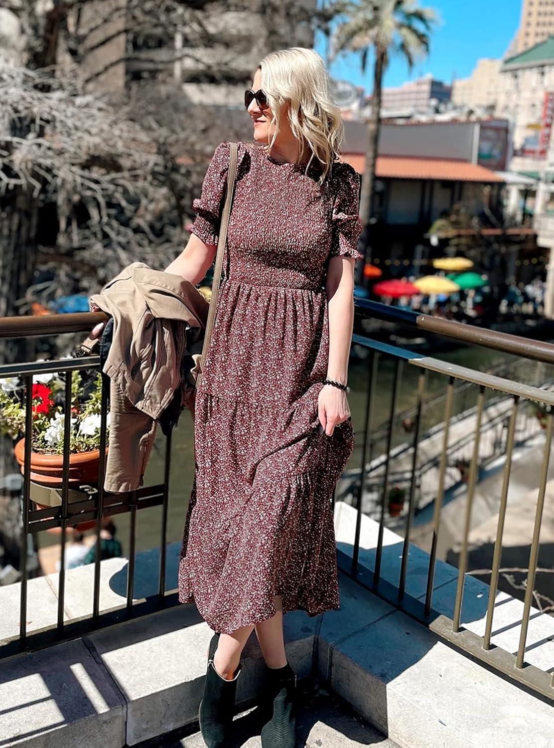 imageBTFBM Women Casual Summer Dresses 2026 Spring Crew Neck Ruffle Short Sleeve Smocked Floral Boho Flowy Maxi Dress ClothesFloral Wine Red White