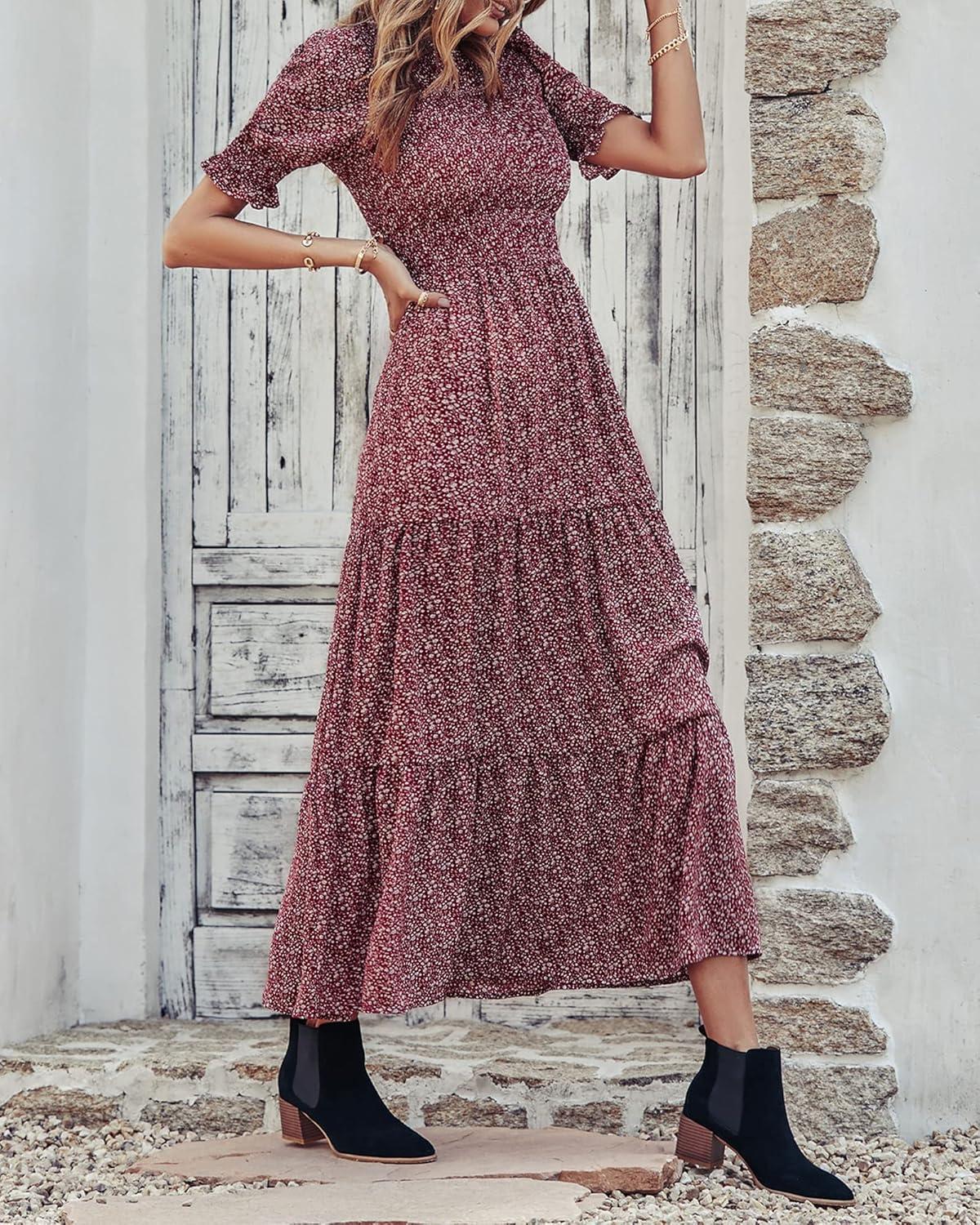 imageBTFBM Women Casual Summer Dresses 2026 Spring Crew Neck Ruffle Short Sleeve Smocked Floral Boho Flowy Maxi Dress ClothesFloral Wine Red White