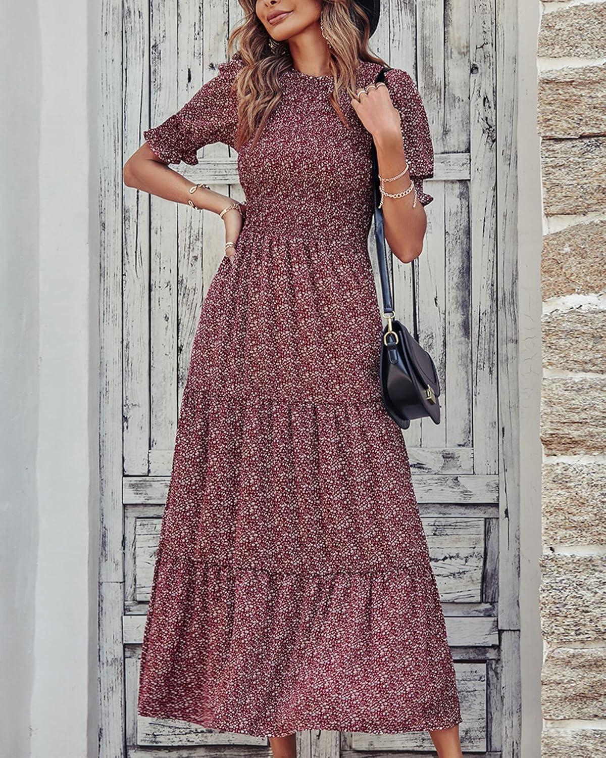 imageBTFBM Women Casual Summer Dresses 2026 Spring Crew Neck Ruffle Short Sleeve Smocked Floral Boho Flowy Maxi Dress ClothesFloral Wine Red White
