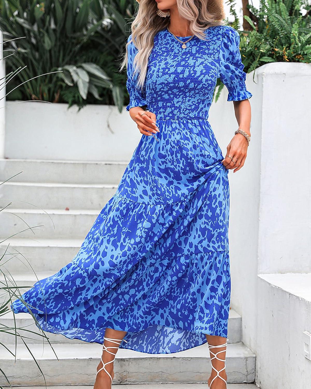 imageBTFBM Women Casual Summer Dresses 2026 Spring Crew Neck Ruffle Short Sleeve Smocked Floral Boho Flowy Maxi Dress ClothesPrint Blue