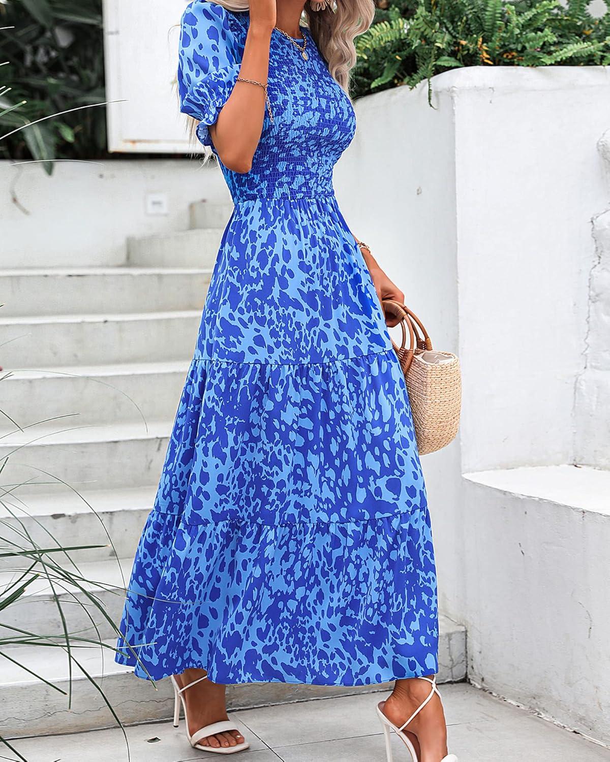 imageBTFBM Women Casual Summer Dresses 2026 Spring Crew Neck Ruffle Short Sleeve Smocked Floral Boho Flowy Maxi Dress ClothesPrint Blue