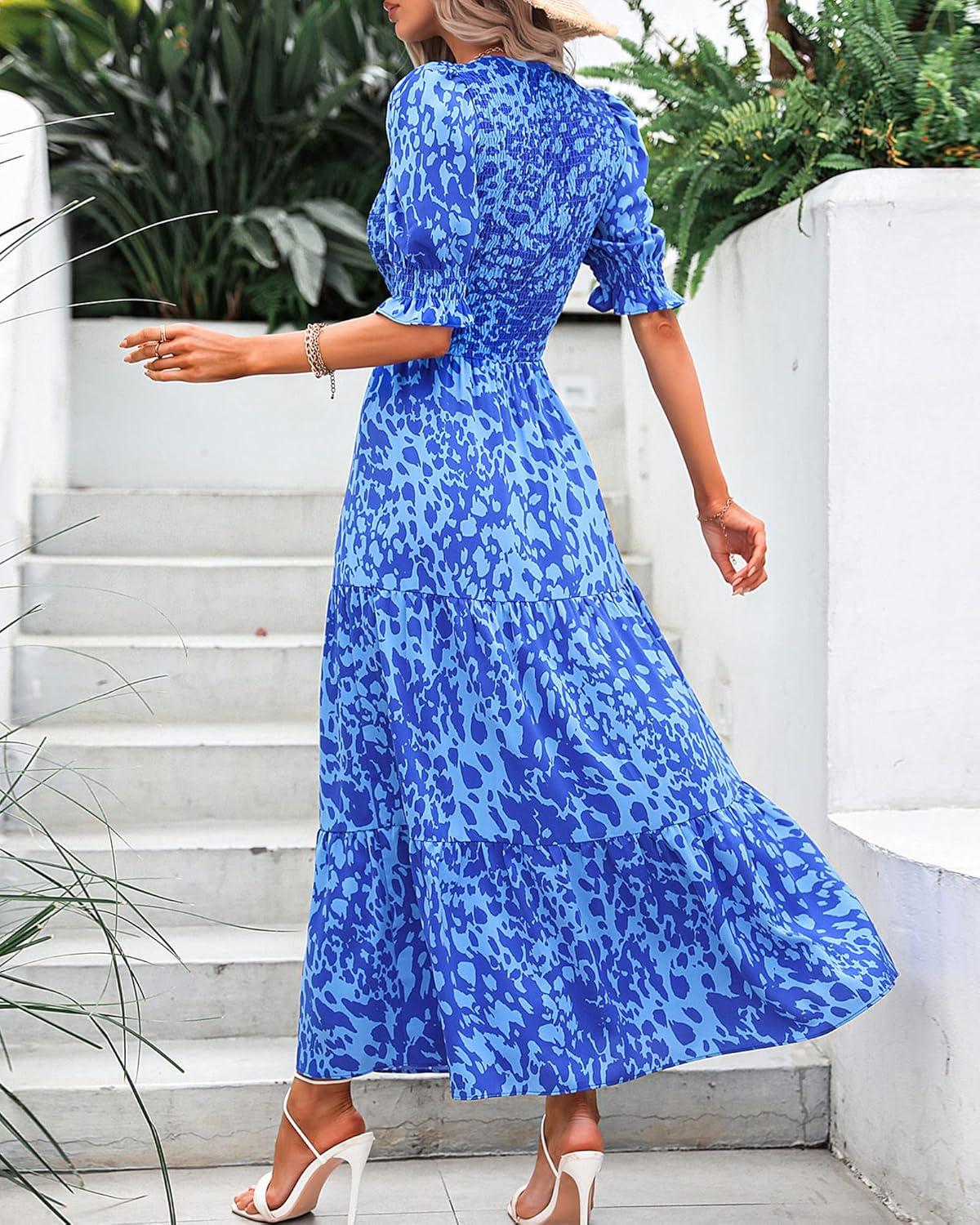 imageBTFBM Women Casual Summer Dresses 2026 Spring Crew Neck Ruffle Short Sleeve Smocked Floral Boho Flowy Maxi Dress ClothesPrint Blue