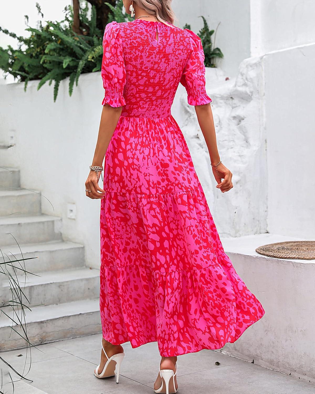 imageBTFBM Women Casual Summer Dresses 2026 Spring Crew Neck Ruffle Short Sleeve Smocked Floral Boho Flowy Maxi Dress ClothesPrint Rose Red