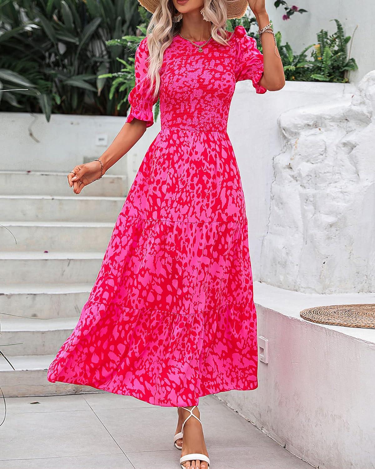 imageBTFBM Women Casual Summer Dresses 2026 Spring Crew Neck Ruffle Short Sleeve Smocked Floral Boho Flowy Maxi Dress ClothesPrint Rose Red