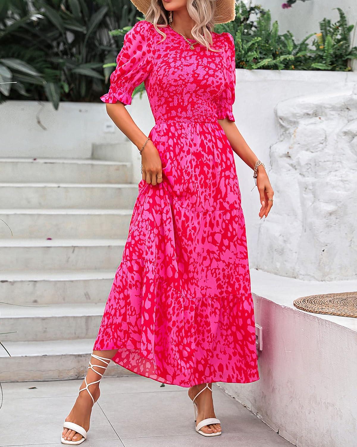 imageBTFBM Women Casual Summer Dresses 2026 Spring Crew Neck Ruffle Short Sleeve Smocked Floral Boho Flowy Maxi Dress ClothesPrint Rose Red