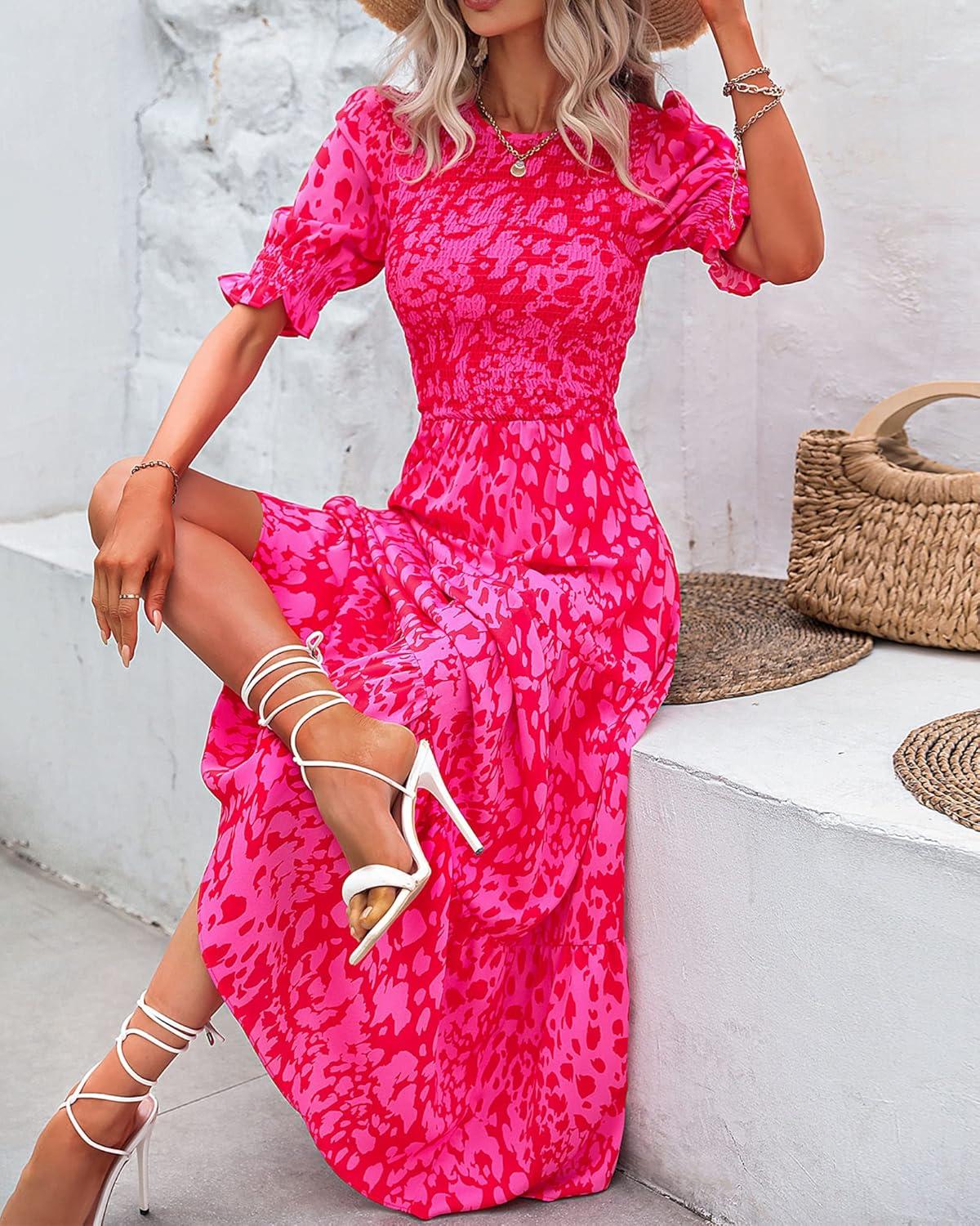 imageBTFBM Women Casual Summer Dresses 2026 Spring Crew Neck Ruffle Short Sleeve Smocked Floral Boho Flowy Maxi Dress ClothesPrint Rose Red