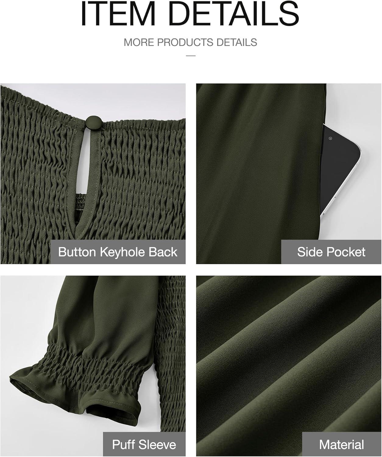 imageBTFBM Women Casual Summer Dresses 2026 Spring Crew Neck Ruffle Short Sleeve Smocked Floral Boho Flowy Maxi Dress ClothesSolid Army Green