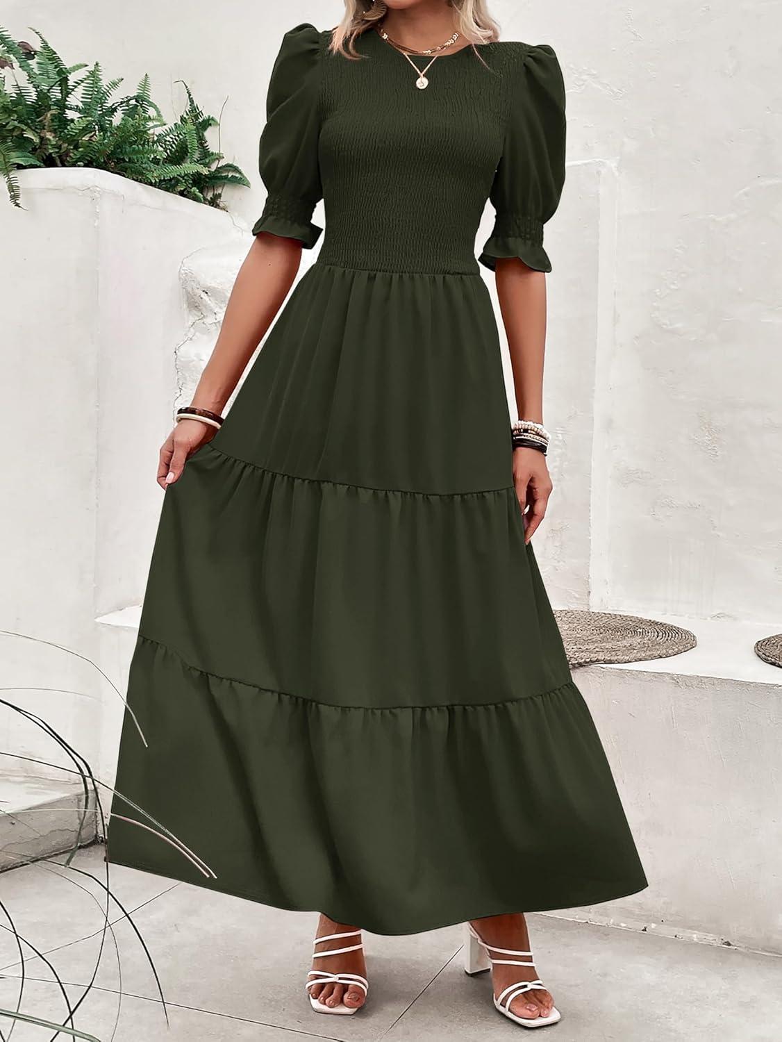 imageBTFBM Women Casual Summer Dresses 2026 Spring Crew Neck Ruffle Short Sleeve Smocked Floral Boho Flowy Maxi Dress ClothesSolid Army Green