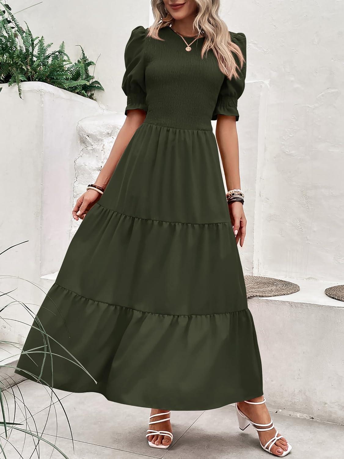 imageBTFBM Women Casual Summer Dresses 2026 Spring Crew Neck Ruffle Short Sleeve Smocked Floral Boho Flowy Maxi Dress ClothesSolid Army Green