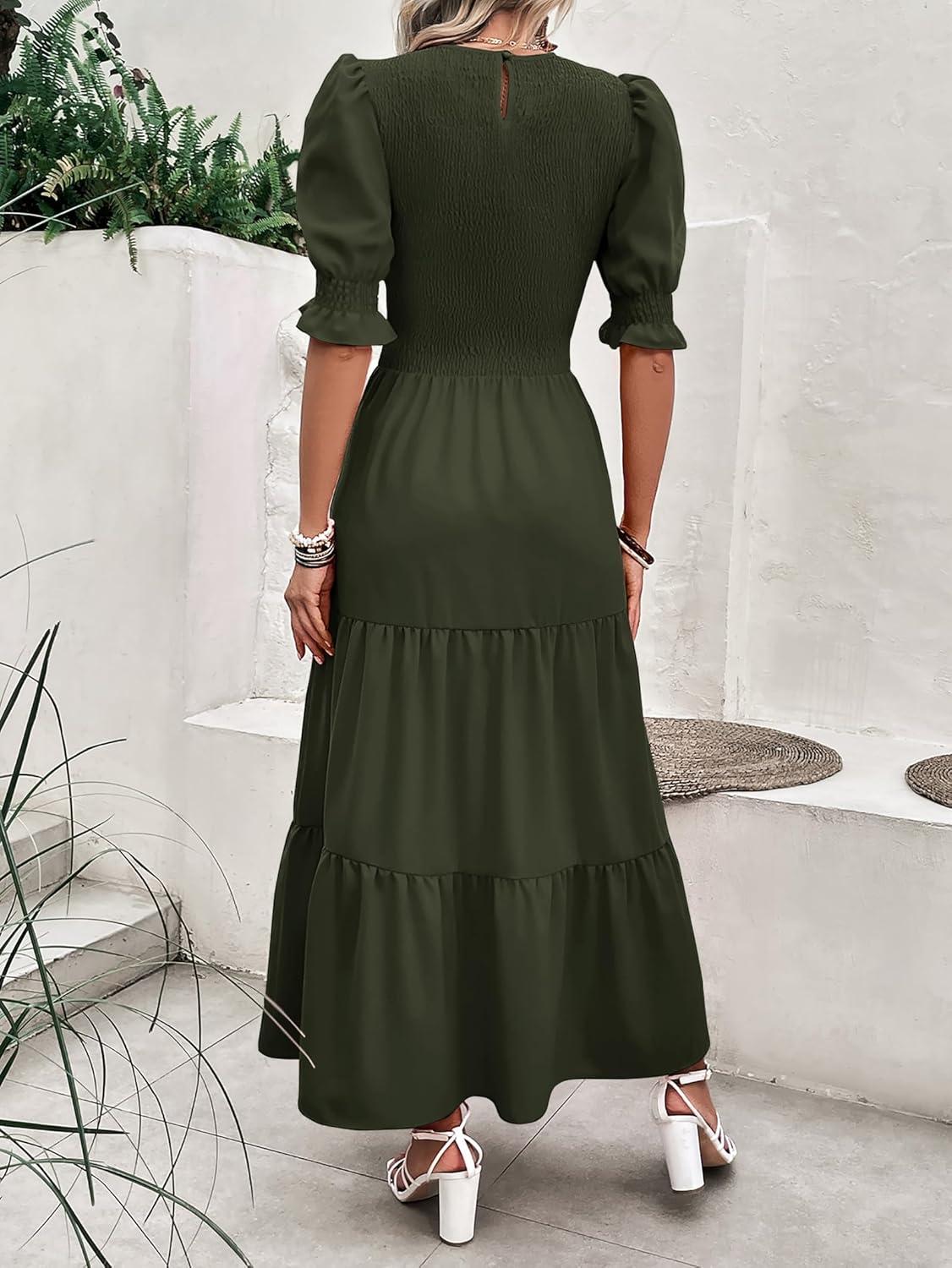 imageBTFBM Women Casual Summer Dresses 2026 Spring Crew Neck Ruffle Short Sleeve Smocked Floral Boho Flowy Maxi Dress ClothesSolid Army Green