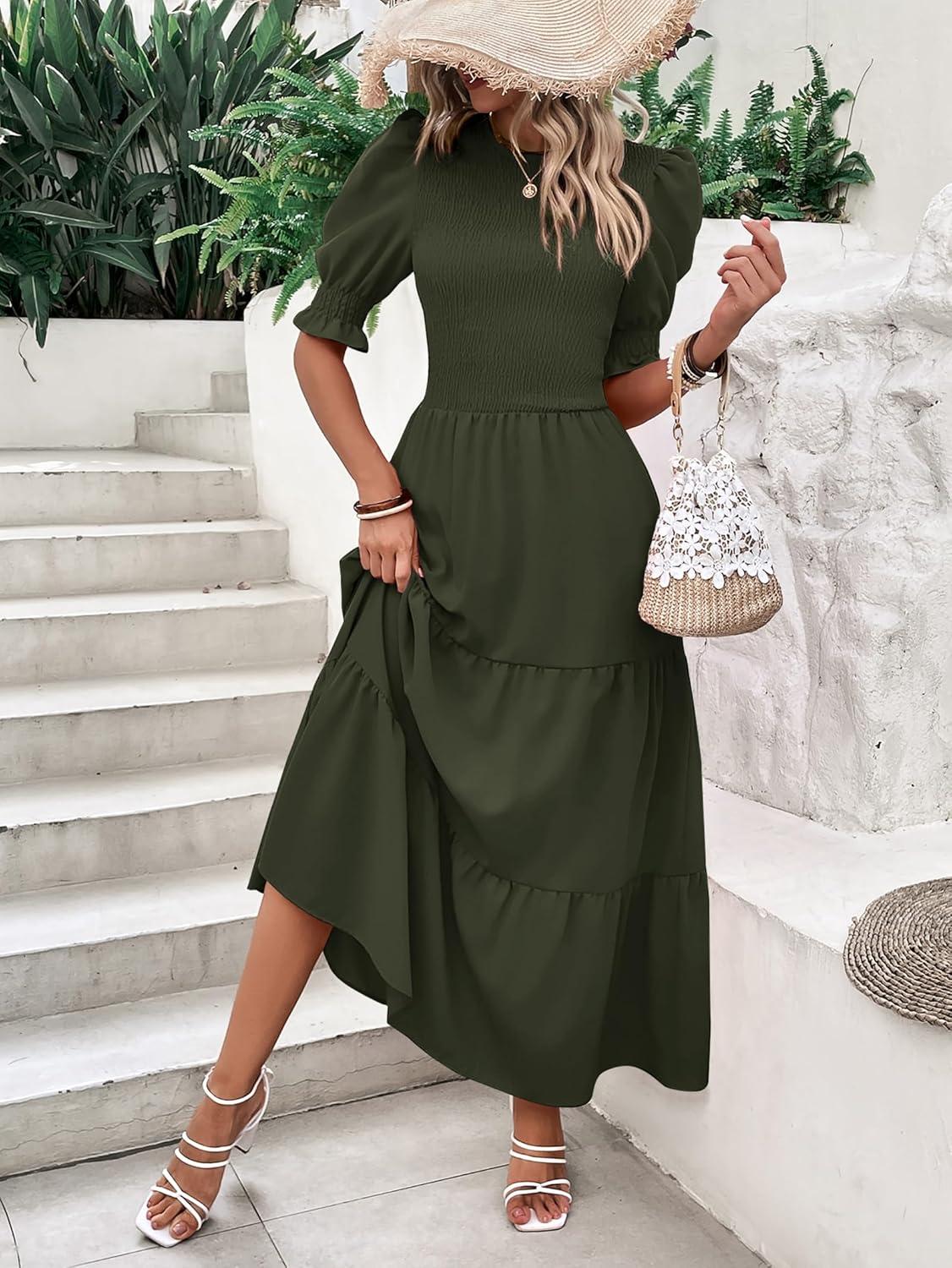 imageBTFBM Women Casual Summer Dresses 2026 Spring Crew Neck Ruffle Short Sleeve Smocked Floral Boho Flowy Maxi Dress ClothesSolid Army Green