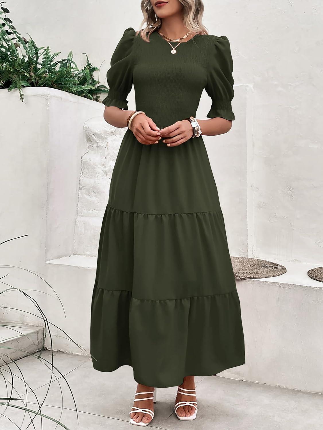 imageBTFBM Women Casual Summer Dresses 2026 Spring Crew Neck Ruffle Short Sleeve Smocked Floral Boho Flowy Maxi Dress ClothesSolid Army Green