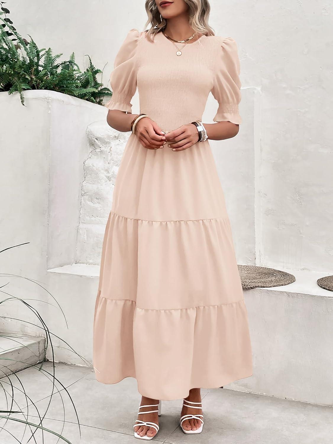 imageBTFBM Women Casual Summer Dresses 2026 Spring Crew Neck Ruffle Short Sleeve Smocked Floral Boho Flowy Maxi Dress ClothesSolid Beige