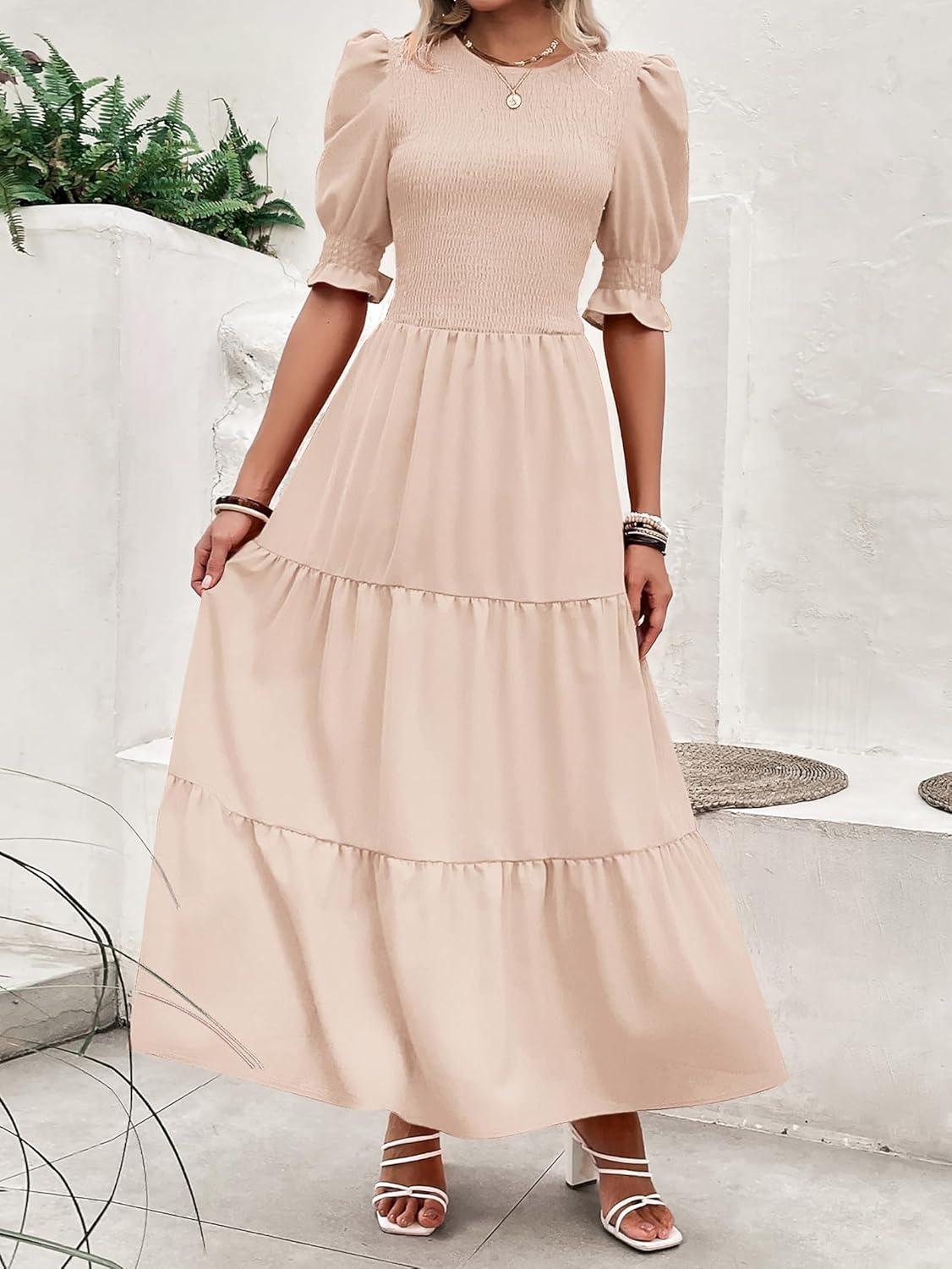 imageBTFBM Women Casual Summer Dresses 2026 Spring Crew Neck Ruffle Short Sleeve Smocked Floral Boho Flowy Maxi Dress ClothesSolid Beige