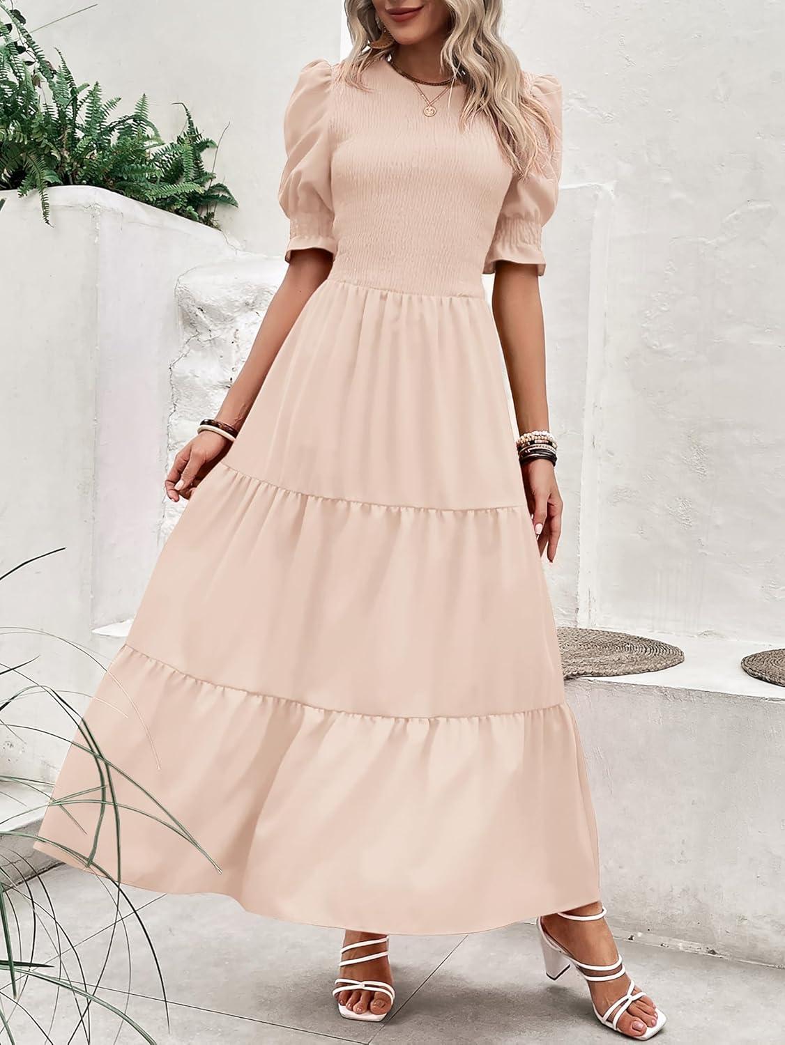 imageBTFBM Women Casual Summer Dresses 2026 Spring Crew Neck Ruffle Short Sleeve Smocked Floral Boho Flowy Maxi Dress ClothesSolid Beige