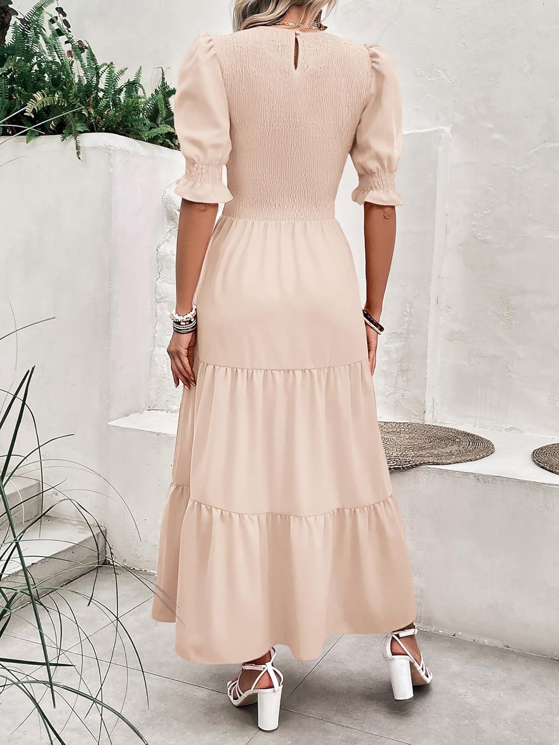 imageBTFBM Women Casual Summer Dresses 2026 Spring Crew Neck Ruffle Short Sleeve Smocked Floral Boho Flowy Maxi Dress ClothesSolid Beige