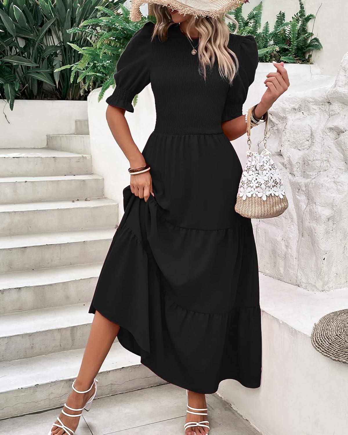 imageBTFBM Women Casual Summer Dresses 2026 Spring Crew Neck Ruffle Short Sleeve Smocked Floral Boho Flowy Maxi Dress ClothesSolid Black