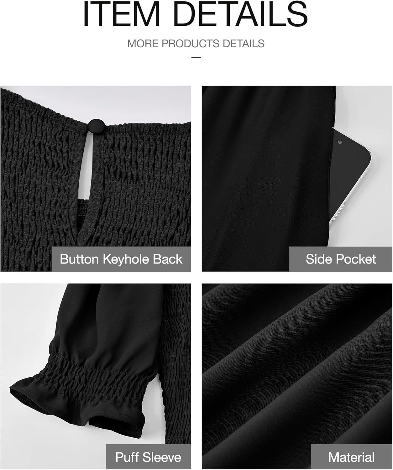 imageBTFBM Women Casual Summer Dresses 2026 Spring Crew Neck Ruffle Short Sleeve Smocked Floral Boho Flowy Maxi Dress ClothesSolid Black