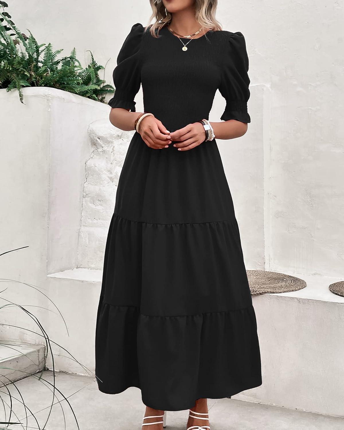 imageBTFBM Women Casual Summer Dresses 2026 Spring Crew Neck Ruffle Short Sleeve Smocked Floral Boho Flowy Maxi Dress ClothesSolid Black