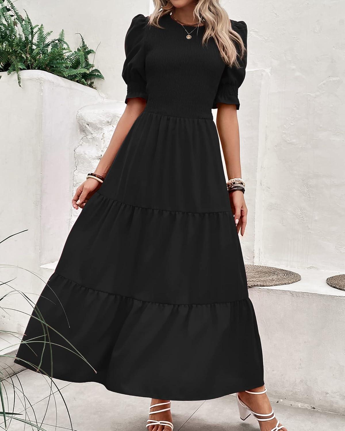 imageBTFBM Women Casual Summer Dresses 2026 Spring Crew Neck Ruffle Short Sleeve Smocked Floral Boho Flowy Maxi Dress ClothesSolid Black